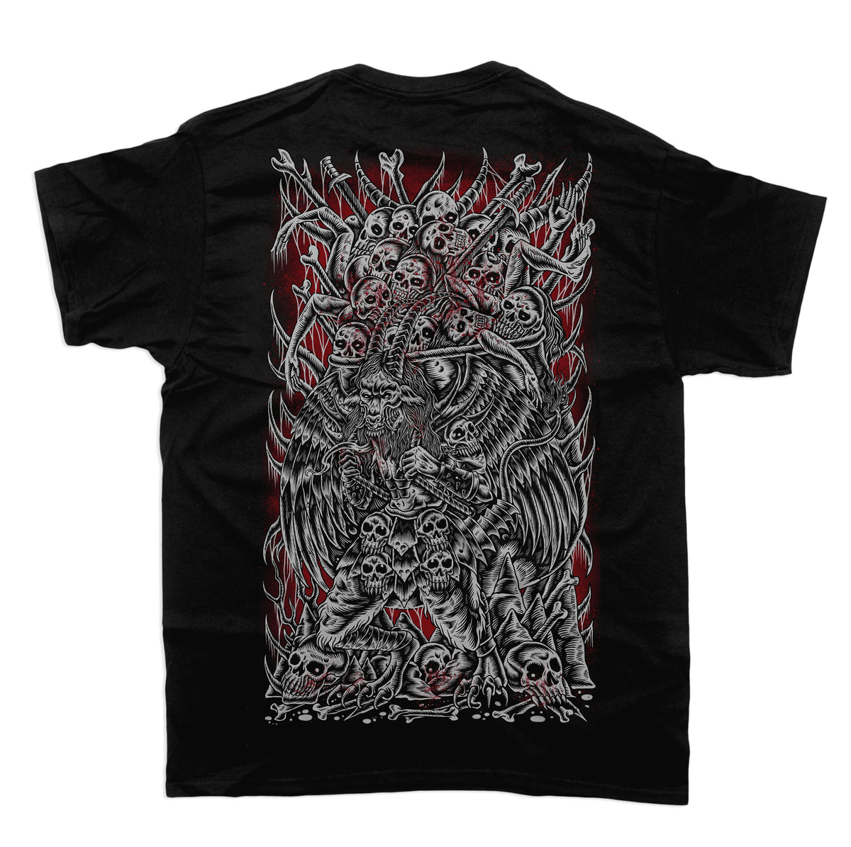 Back of the Occult T Shirt with a large intricate grey and red illustration framed by thorn-like details