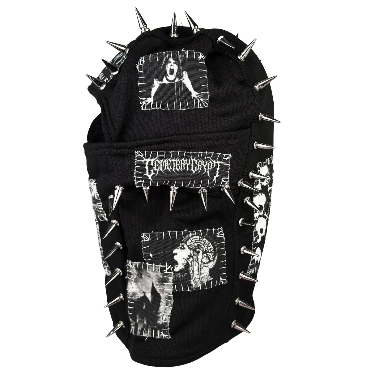 Opposite side of the Patched Balaclava V2 with white graphic patches, visible stitching and silver spikes