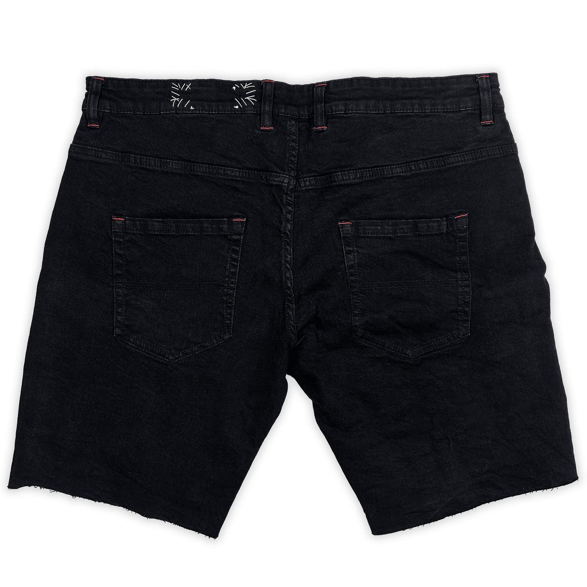 Plain black back of the Rotten Denim Shorts with rear pockets and small red stitch details