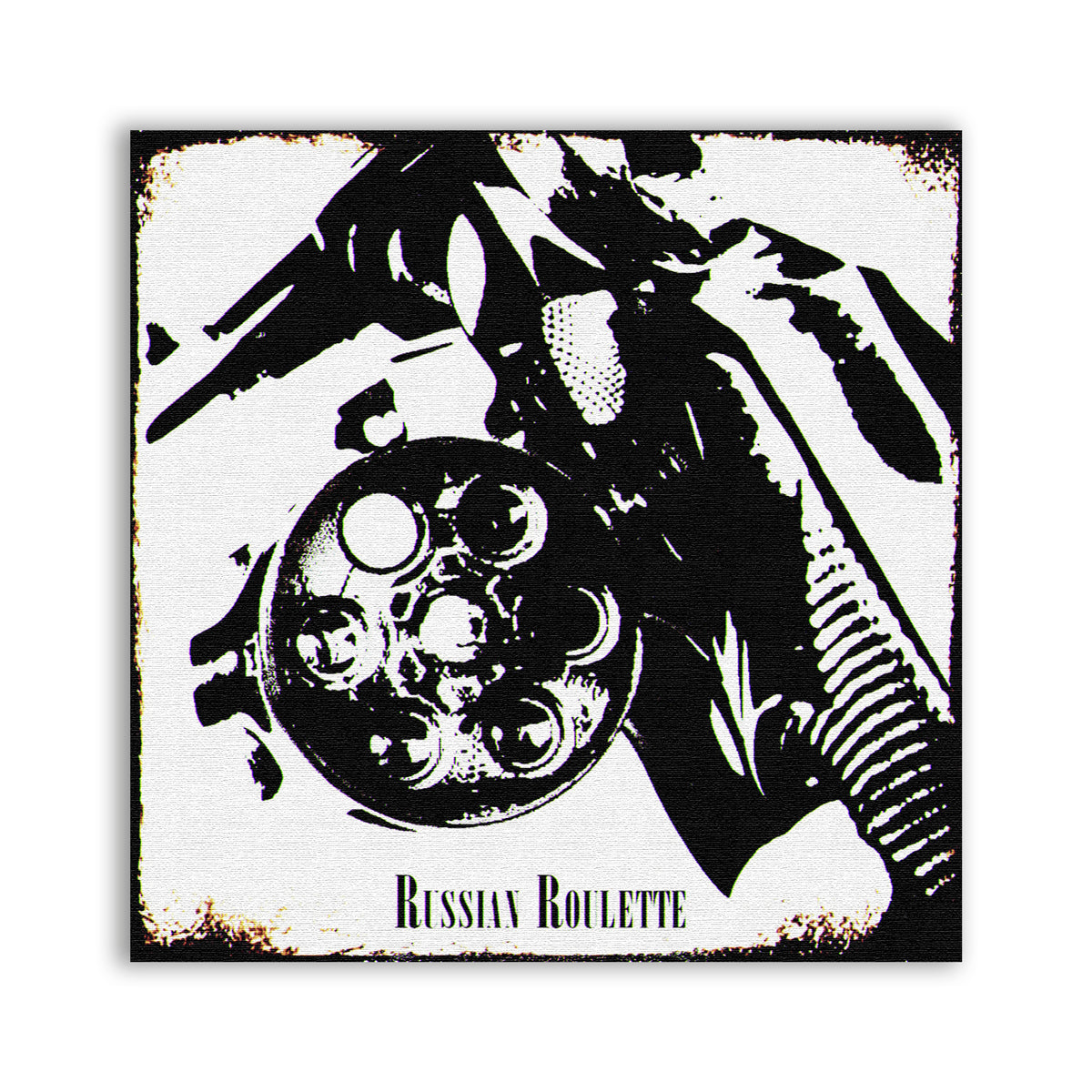 Russian Roulette Patch with a black and white close-up illustration of an open revolver cylinder