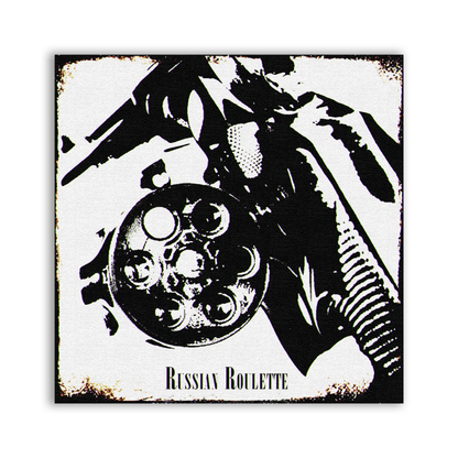 Russian Roulette Patch with a black and white close-up illustration of an open revolver cylinder