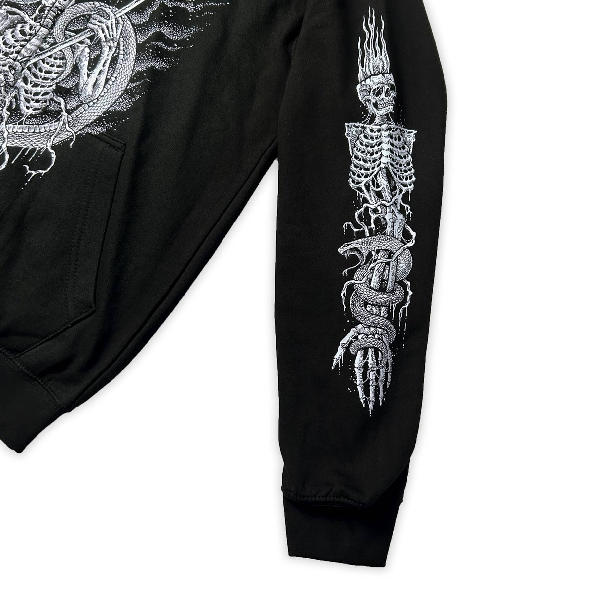 Close-up of a Scythe Zipper Hoodie sleeve with a white skeletal arm and coiled serpent print