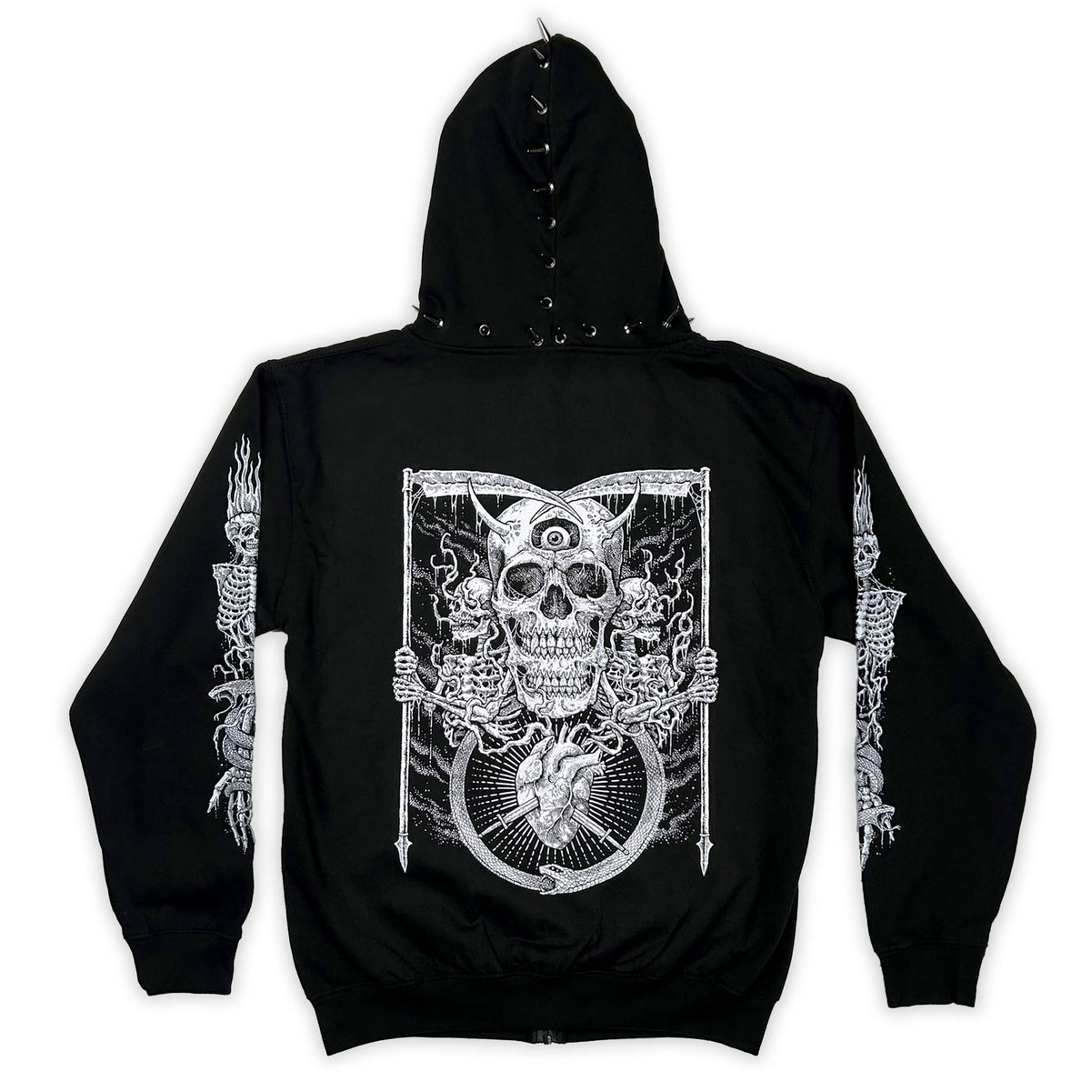 Back of the black Scythe Zipper Hoodie with a large framed white skull illustration and printed sleeves