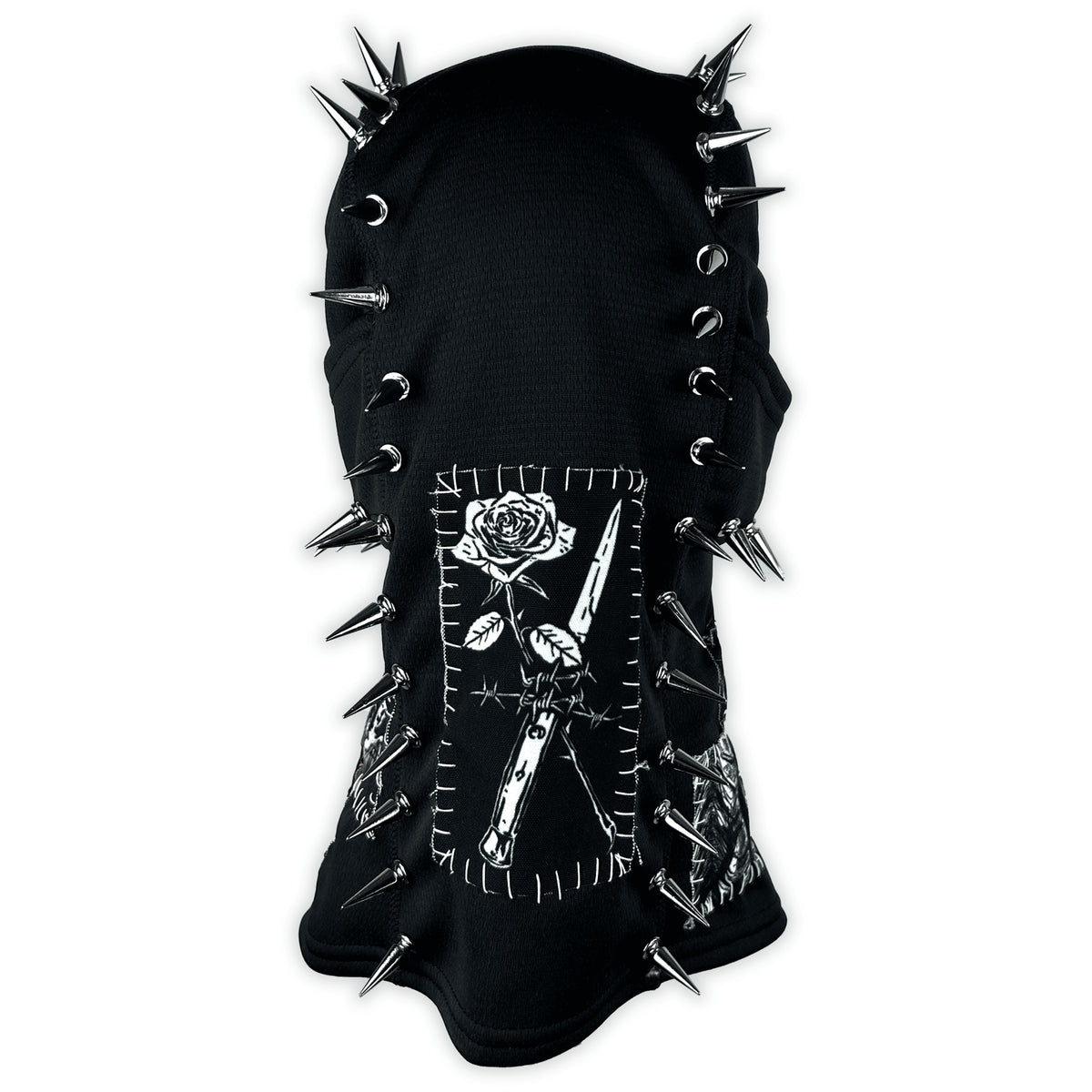 Back of the Spiked Balaclava with a stitched white rose-and-blade graphic patch and silver spikes