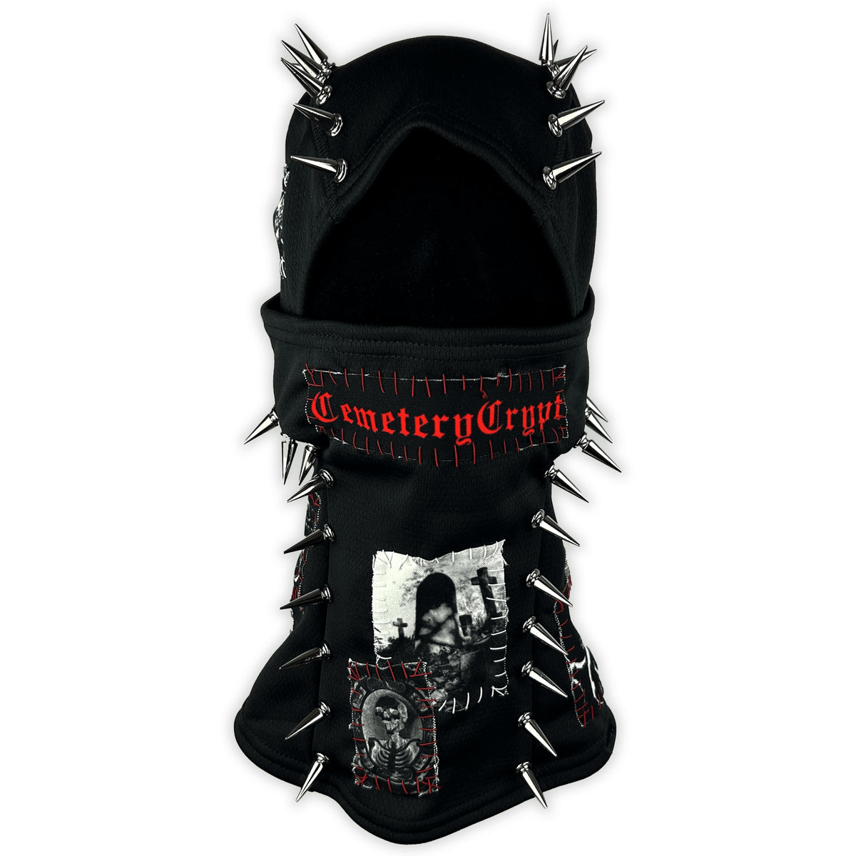 Front of the black Spiked Balaclava with red CemeteryCrypt lettering and silver spikes around its edges