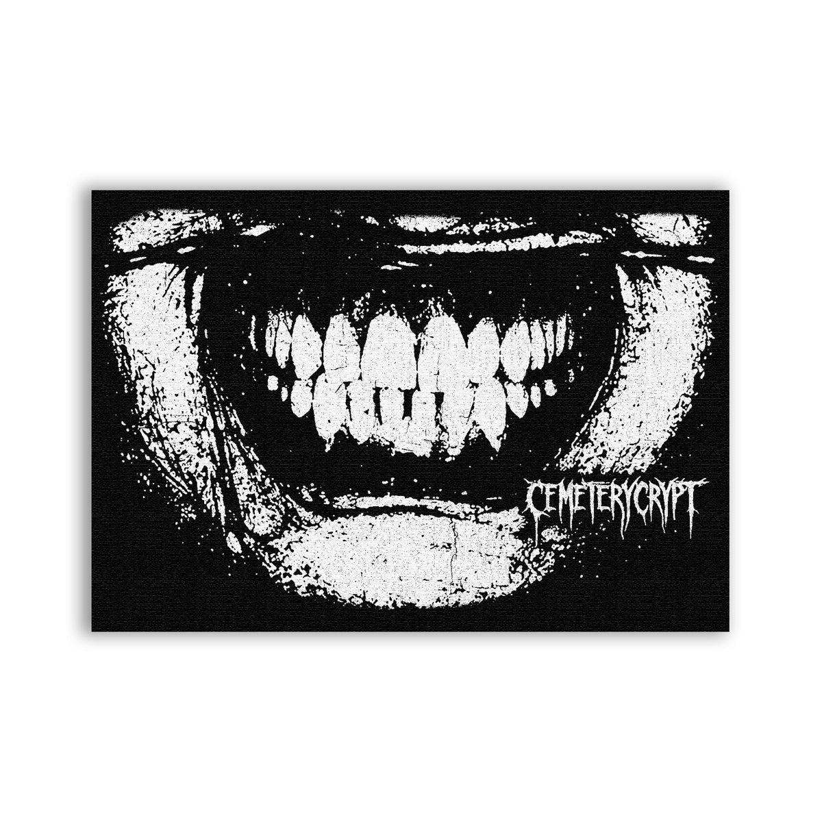 Teeth Patch with a distressed white grinning mouth and small gothic lettering on black