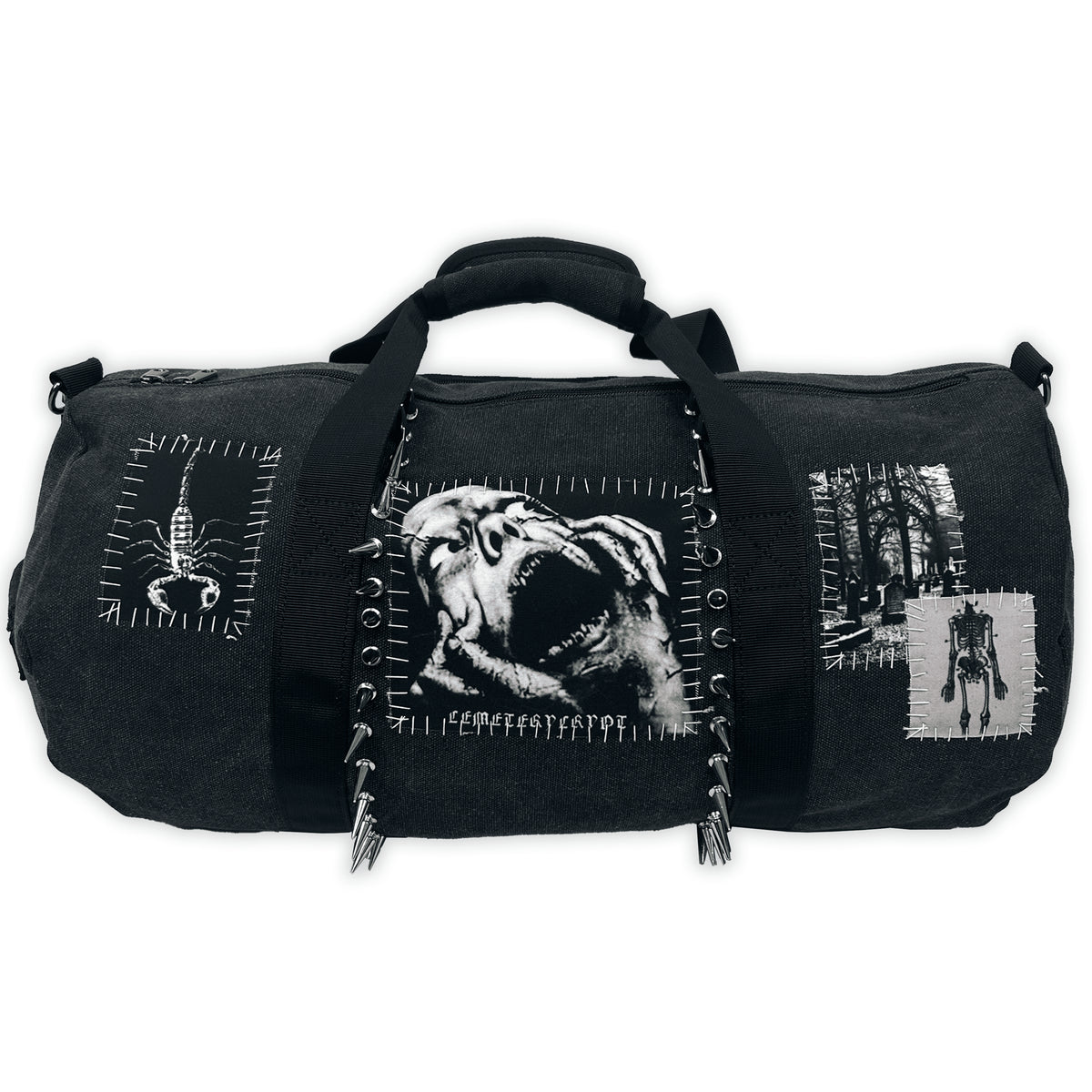 Front of the black Terror Barrel Bag with a screaming-face patch, scorpion graphic, handles and metal spikes