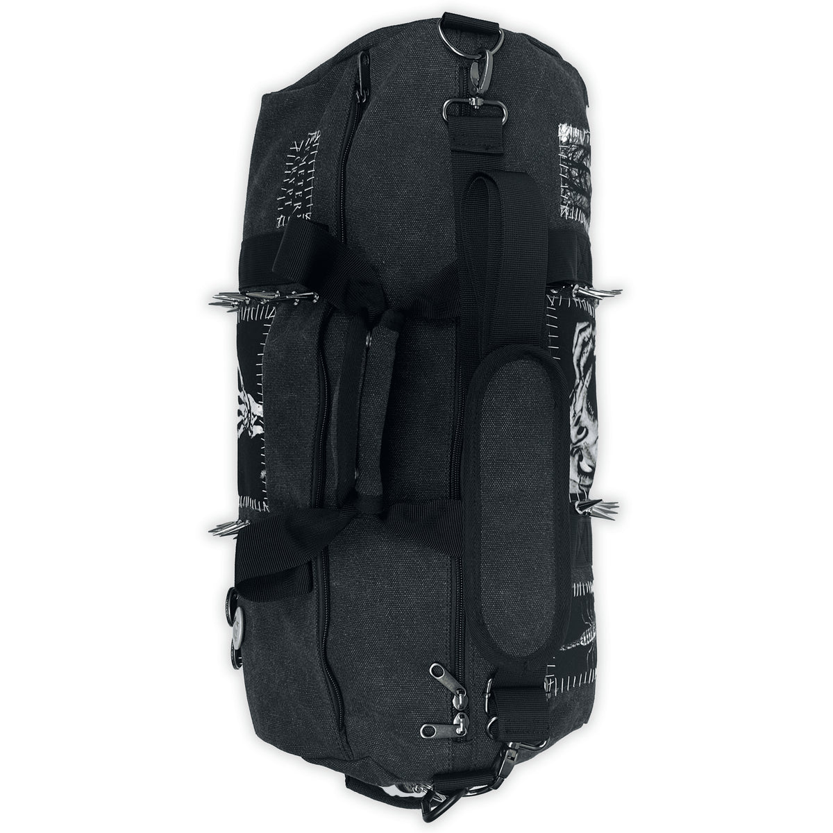 Bottom view of the Terror Barrel Bag showing its adjustable shoulder strap, handles and attachment rings