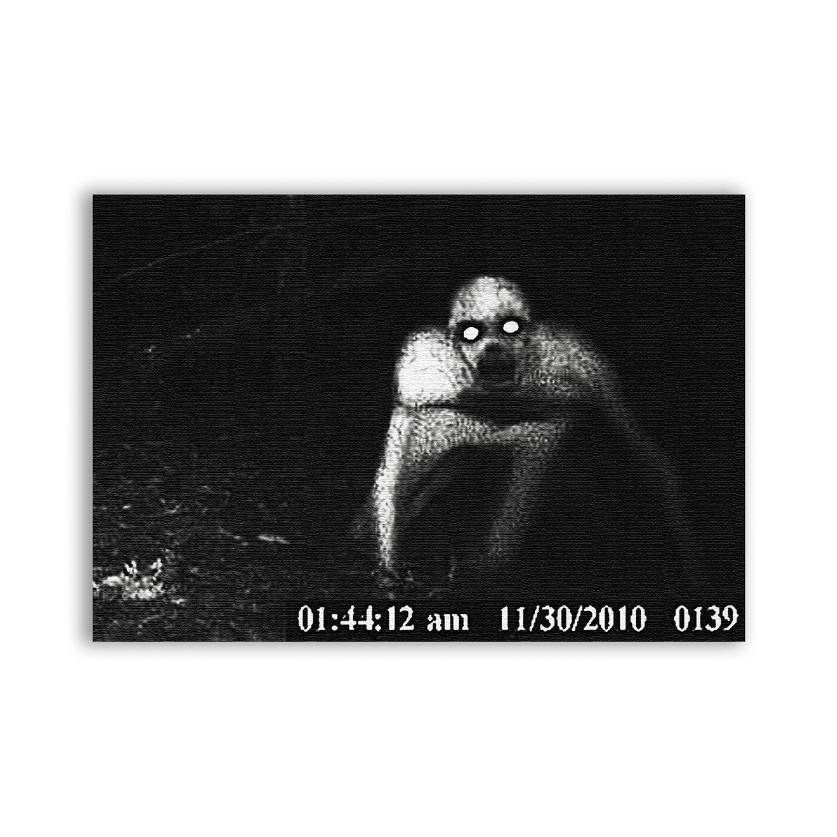 The Rake Patch showing a pale crouching creature with glowing eyes in a black and white trail-camera scene