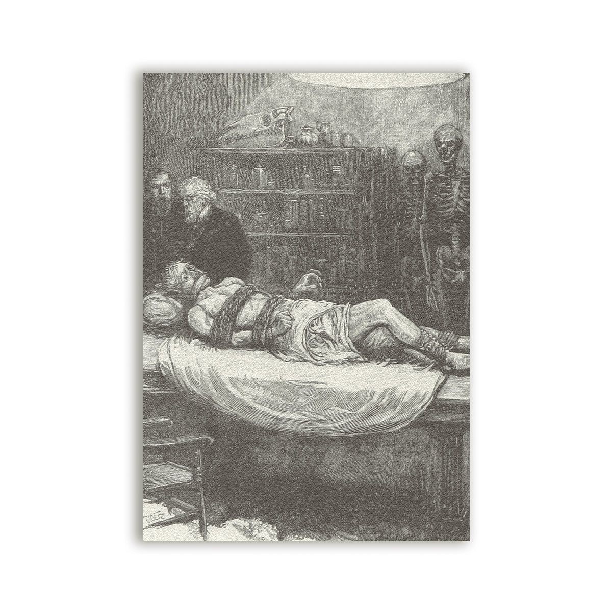 Tied Patch with a monochrome illustration of a bound figure lying on a table