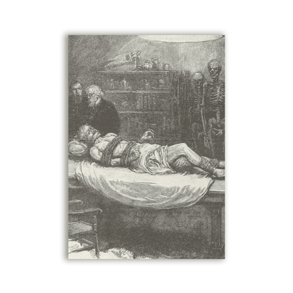 Tied Patch with a monochrome illustration of a bound figure lying on a table