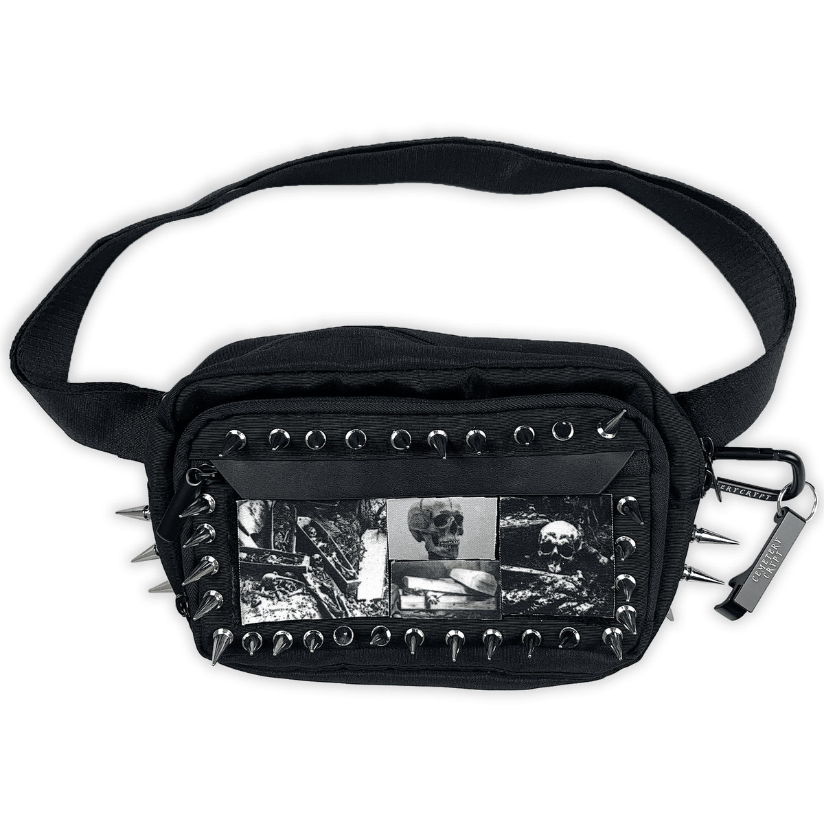 Front of the black Tombstone Crossbody Bag with a horror collage patch, metal spikes and shoulder strap