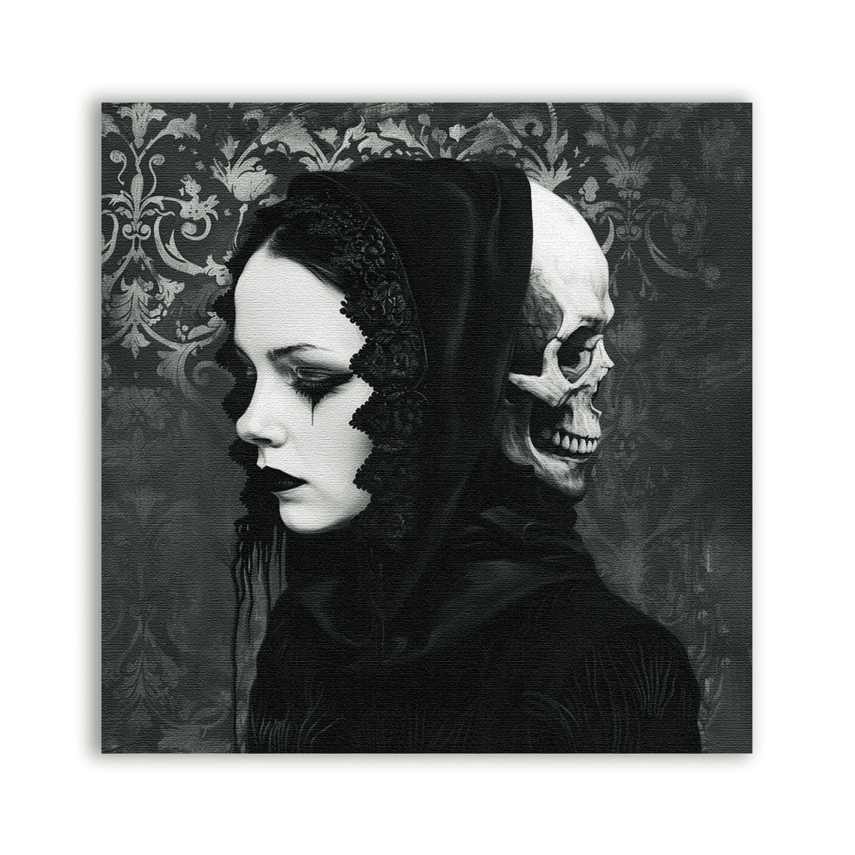 Two Faced Patch showing a hooded face and skull back to back against a patterned background