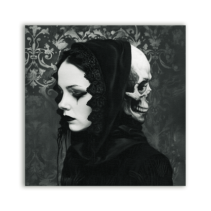 Two Faced Patch showing a hooded face and skull back to back against a patterned background