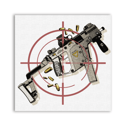 Vector Patch with an illustrated firearm, scattered cartridges and red circular crosshairs on white
