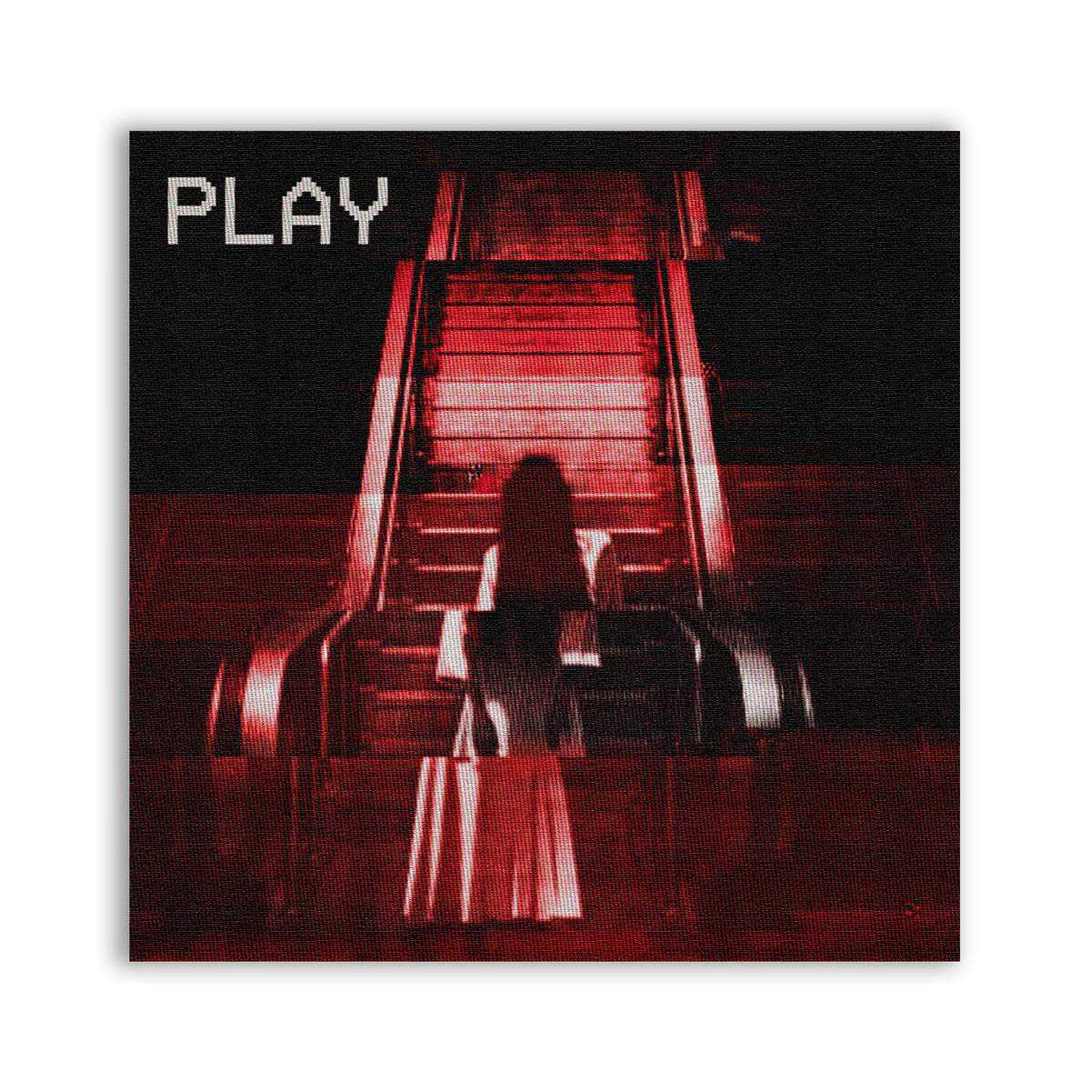 VHS Demon Patch with a dark figure at the foot of a red staircase and a PLAY overlay