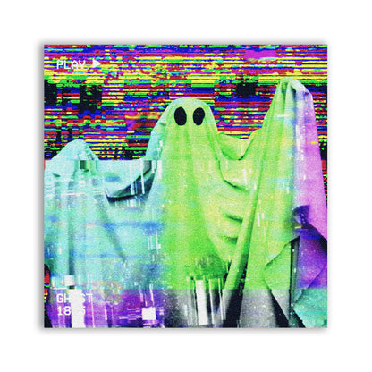 VHS Ghost Patch with sheet ghosts in neon green, blue and purple against colourful video static