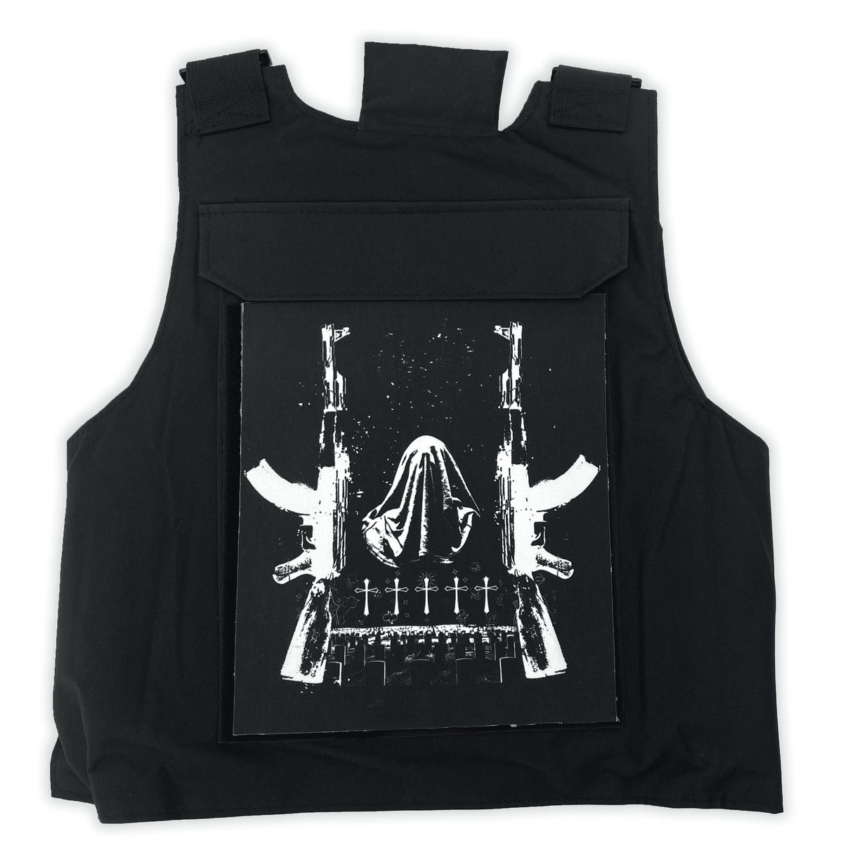 Back of the Warlord Tactical Vest with a hooded figure, rifles and crosses printed in white