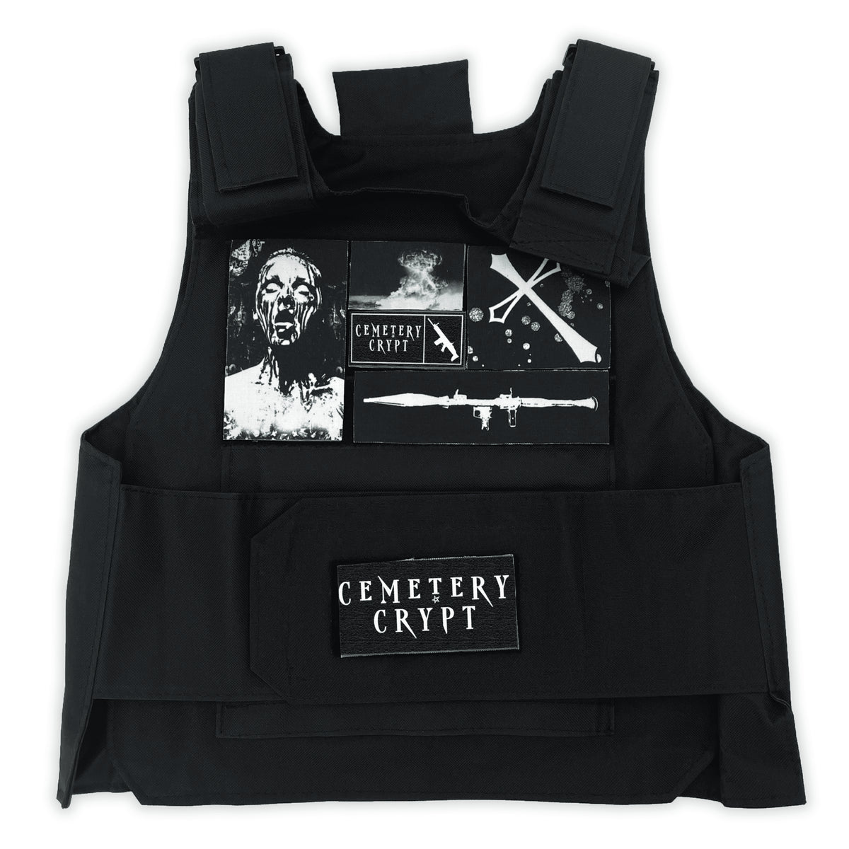 Front of the black Warlord Tactical Vest with white graphic patches and Cemetery Crypt lettering